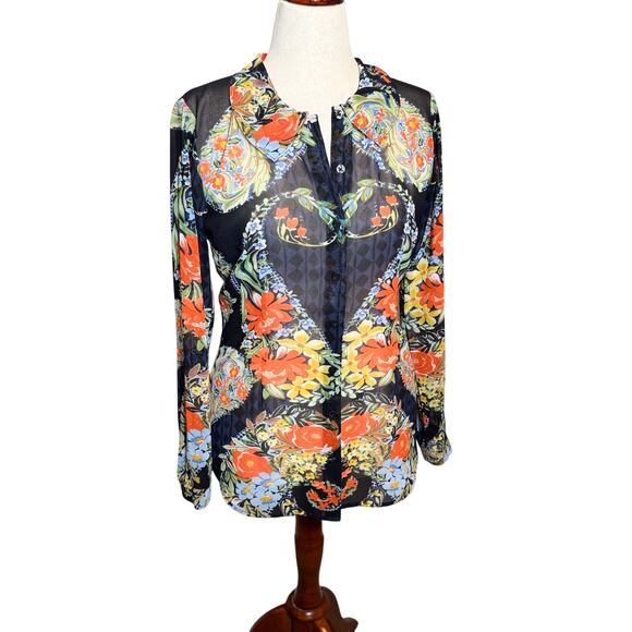 CAbi Amour semi sheer navy with floral pattern long sleeve button up blouse Sz S - Picture 1 of 7